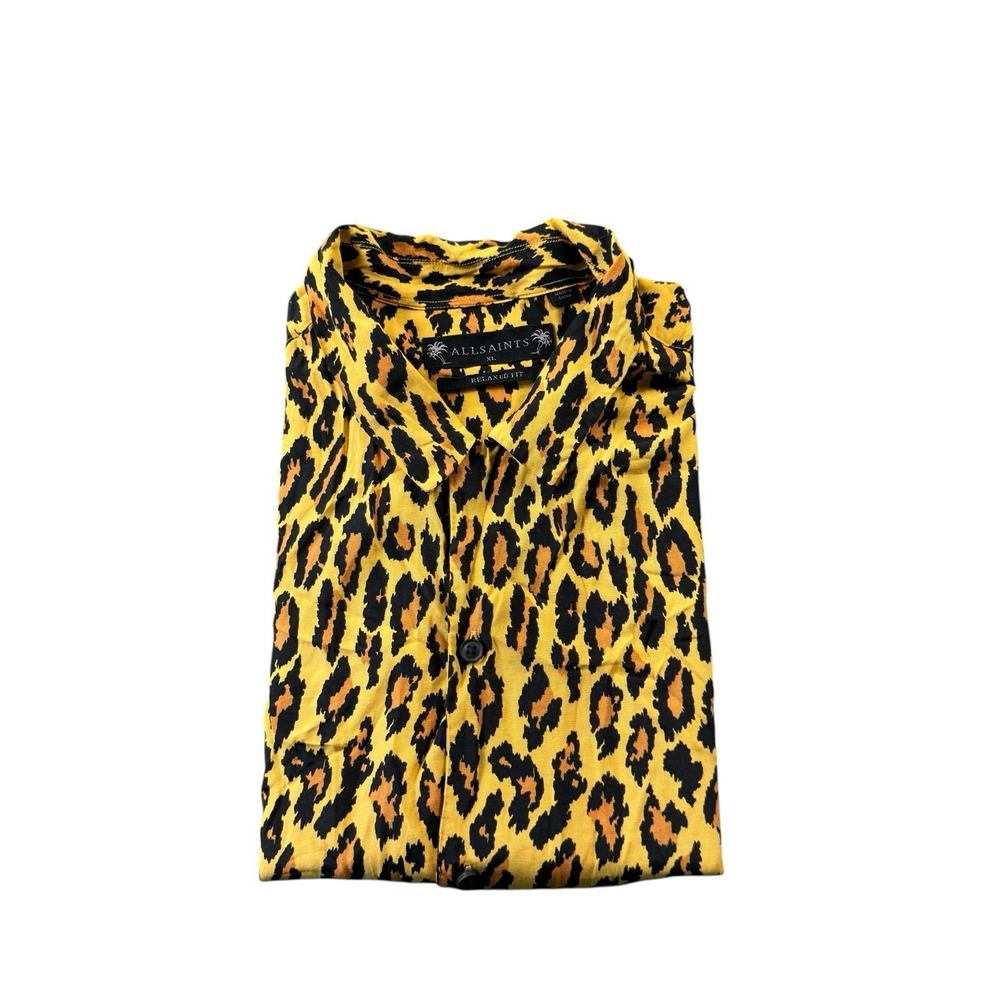 AllSaints Catamere Yellow Leopard Print Viscose S/S Button Front Shirt Mens XL